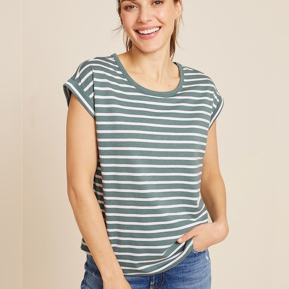 [LIKE NEW] MAURICES 24/7 Clara Striped Short Sleeve Tee XL Sage Green White